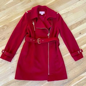 MICHAEL Michael Kors Womens Red Asymmetrical Belted Wool Jacket Coat Peacoat